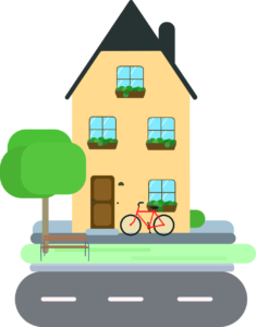 casa pequena e alta com bicicleta na frente representa as diferenças entre small e little